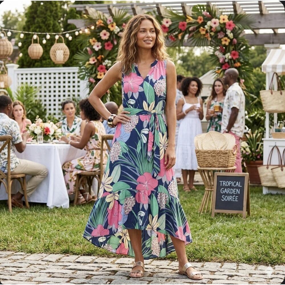 Talbots Voile Hibiscus Floral Maxi Dress 2 Tropical euro summer Ruffle Wedding